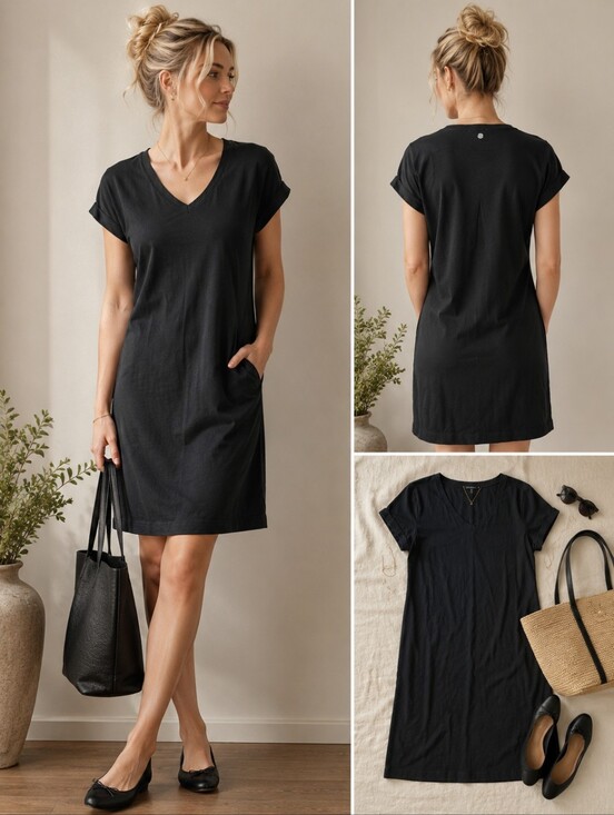 Prana Dresses & Skirts - Prana Black V-Neck Dress Medium Cuffed Sleeve Stretch Knit Casual Travel Minimal